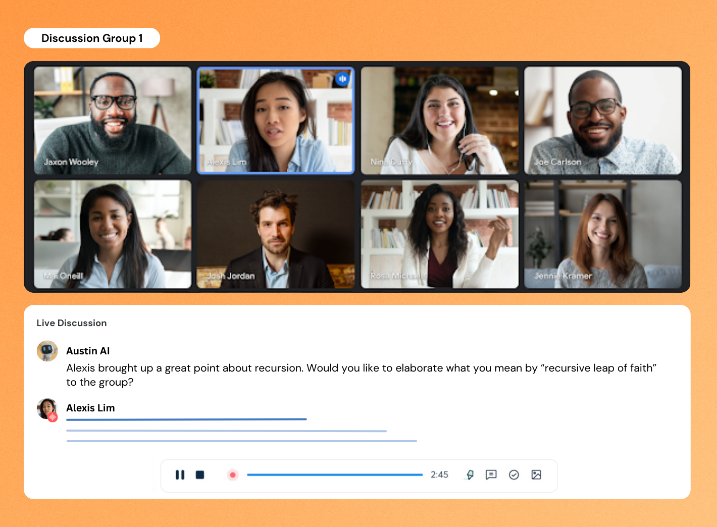 Discussion Group 1 with multiple participants in a video conference and live chat