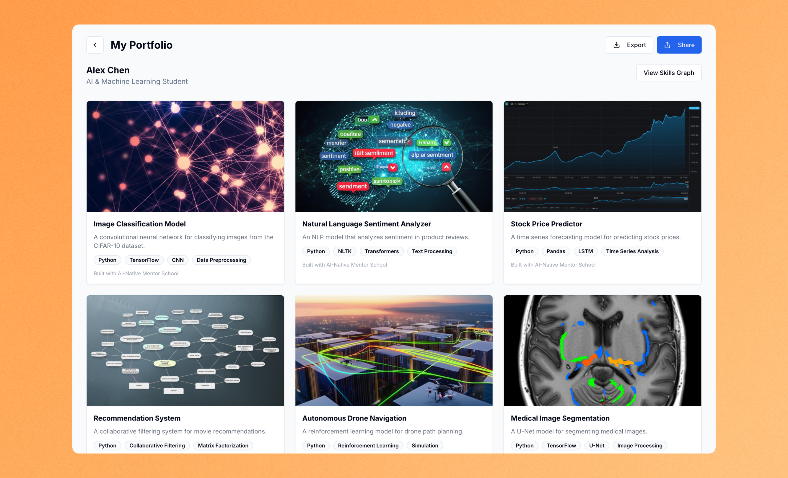 AI project portfolio dashboard showing various machine learning projects